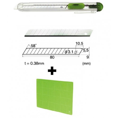 Set Cutter / cutit utilitar transparent mic NT Cutter - 9mm + 10 lame de schimb + placa de taiere A4+ rigla 30cm