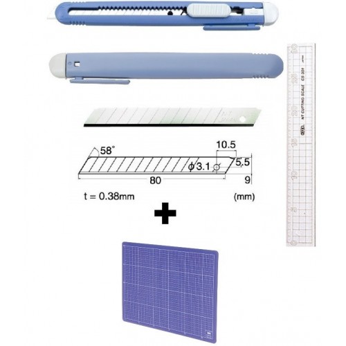 Set Cutter / cutit utilitar mic NT Cutter - 9mm + 10 lame de schimb + placa de taiere A4+ rigla 30cm